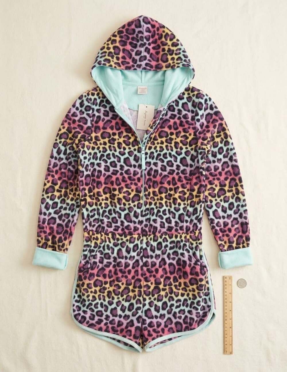 Cat & Jack Girls L 10/12 Rainbow Leopard Soft Fleece Shorts Hooded Romper